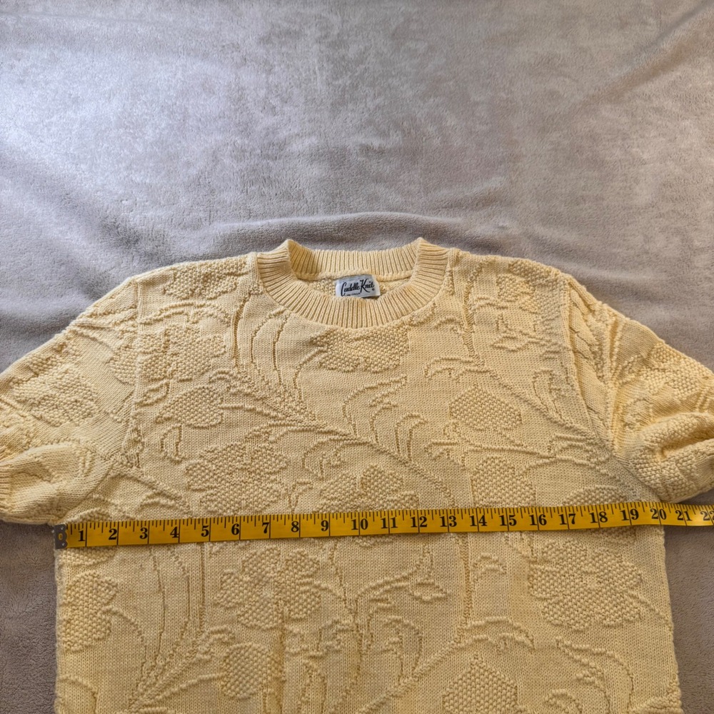 Vintage Floral Textured Short Sleeve Sweater Cottagecore USA Butter Yellow Sz L - Picture 8 of 10